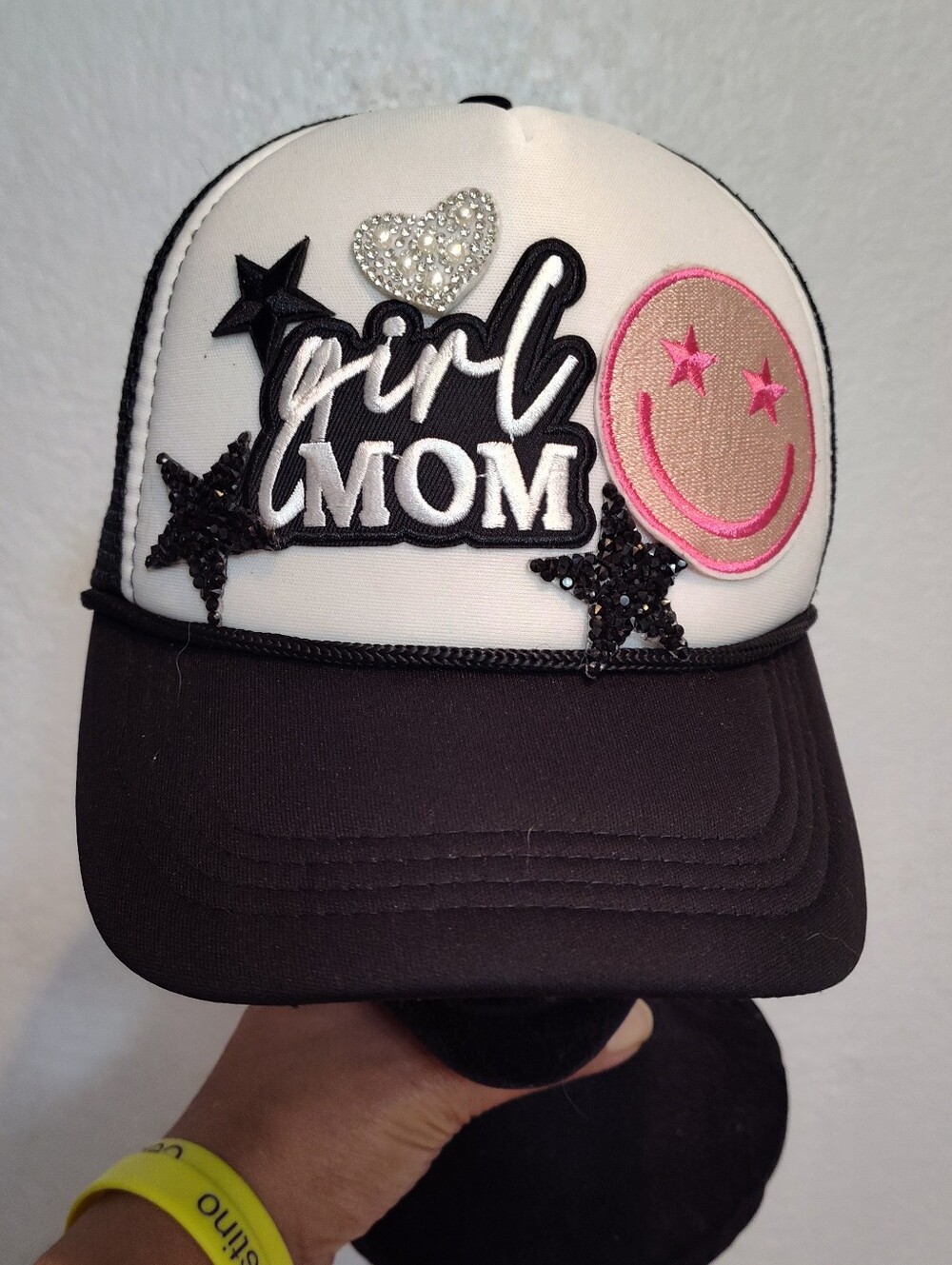 Girl Mom Embellished Kids Trucker Hat - Black & White with Pink Accent